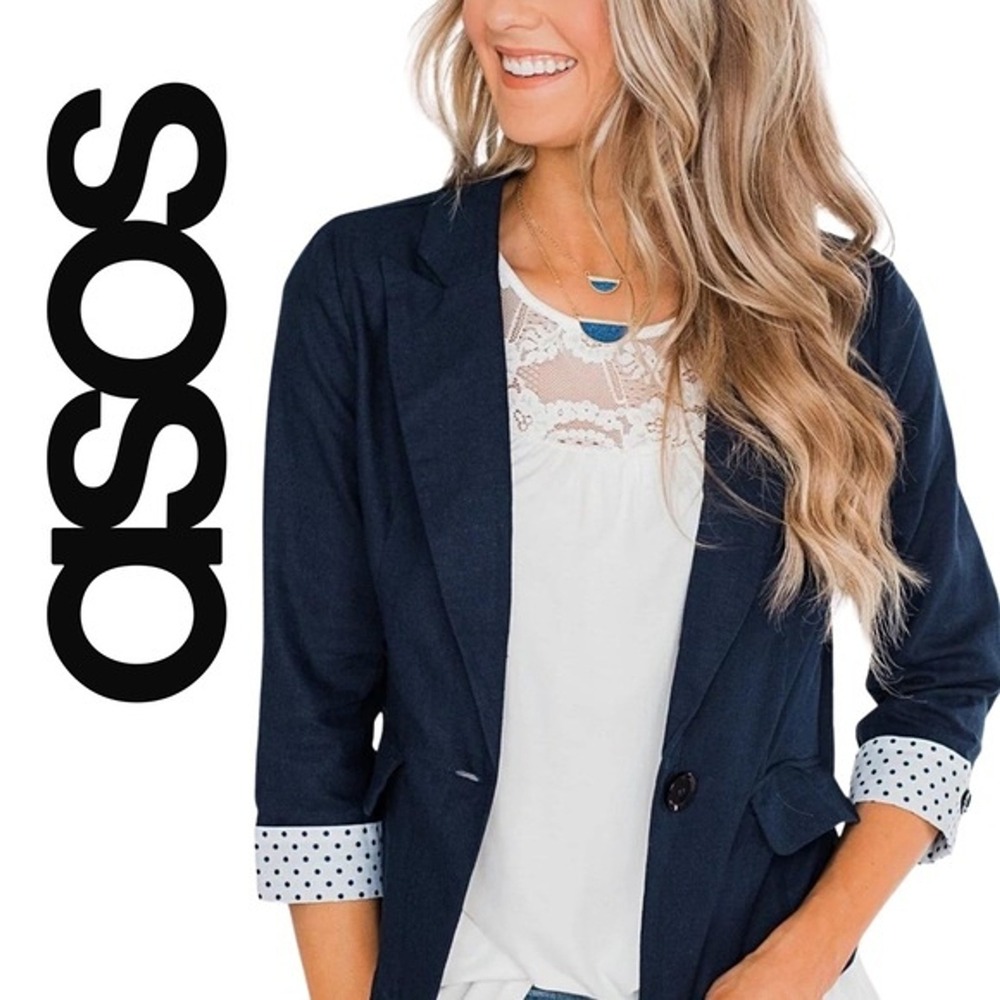 ASOS, Polka Dot Rolled Cuff, Single Button, Blazer Jacket, Navy Blue